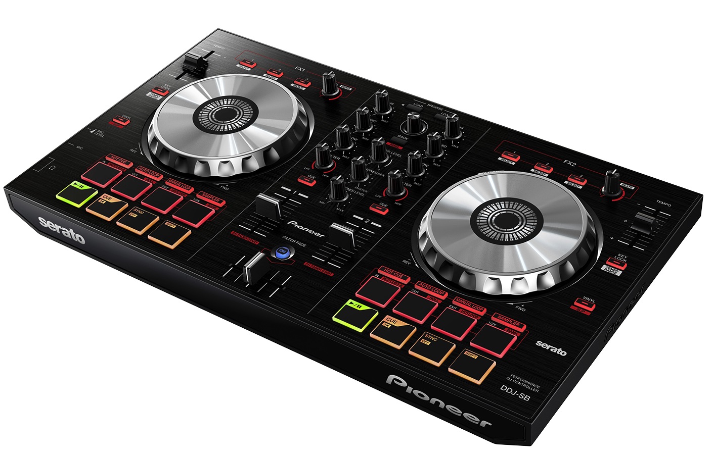 Smaller than the DDJ-SX and the more compact DDJ-SR, the DDJ-SB is Pioneer's new entry level Serato DJ Controller. (Click to enlarge.)