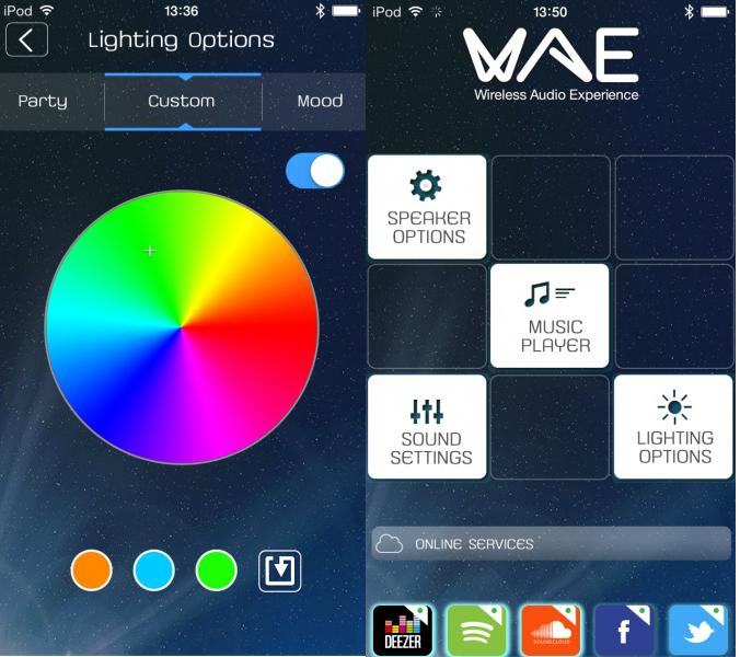 The WAE App gives you control over the WAE NEO's lights as well as your music playlist.