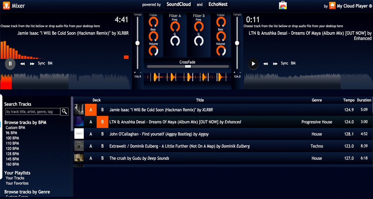 My Cloud Player is an advanced SoundCloud music player that comes with a basic two-channel DJ interface and the ability to broadcast your SoundCloud listening stream.