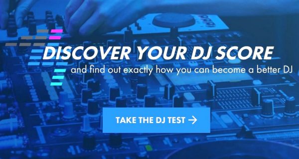 A graphic that says discover your DJ score, set over a DJ controller, with a button that prompts viewers to take the test