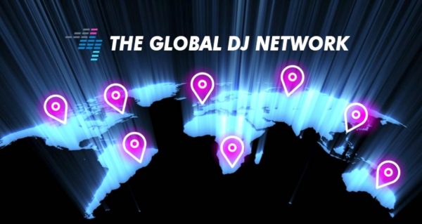 Graphic showcasing a globe with pins on different countries, with text that says The Global DJ Network